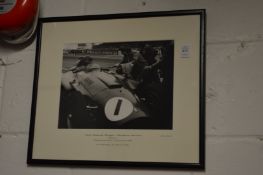 Allen R Smith, black and white photograph of Guan Manuel Fangio in the Scuderia Ferrari, framed