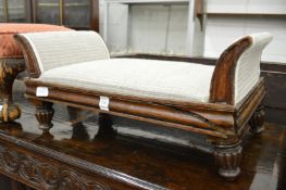 A 19th century rosewood adjustable gout stool (frame damaged).