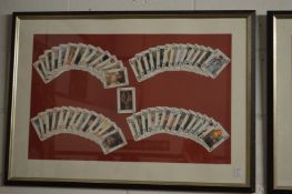 James Bond, three packs of playing cards mounted, framed and glazed.
