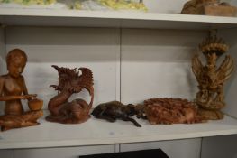 Eastern and other carved wood sculptures.