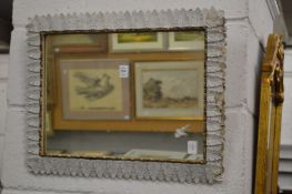 A decorative mirror with painted gesso frame.