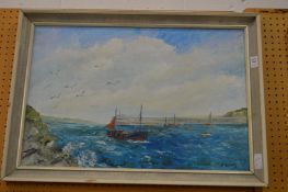 H Wilson, Fishing boat coming into harbour, oil on board.