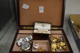 A jewellery box containing two watches, bar brooch etc.