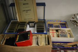 Various slides, ink pen and nibs and cigarette cards.