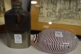 A Nailsea flask and a pewter flask.