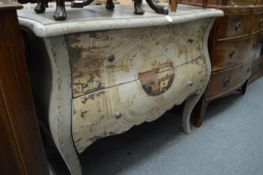 A decoratively painted French Bombe two drawer commode.