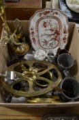 A brass gong, trivet, porcelain dish etc.
