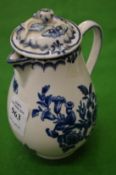 19th century blue and white sparrow beak cream jug with cover, faults.