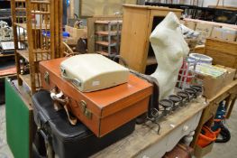 Old suitcases, small pine cabinet, candle stand etc.