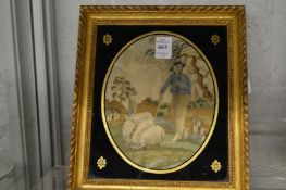 Three silk work pictures framed and glazed.