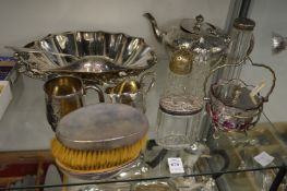 A pair of silver backed brushes, dressing table jar, plated dishes, teapot, preserve jar etc.