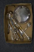 A circular silver waiter and other small items of silverware etc.