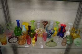 A good collection of coloured glassware to include cranberry beakers, Loetz style bowls and other