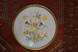 An embroidered circular picture, an embroidered box ottoman and similar folding fire screen/table.