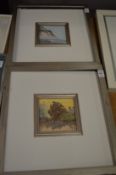 A pair of small oil paintings depicting a seascape and a landscape.