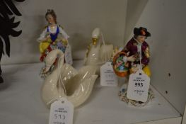 A pair of Continental figurines and a pair of swan table salts.