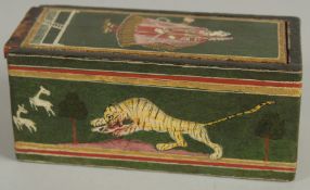A 19TH CENTURY INDIAN LACQUERED GANJIVA BOX, painted with figures and a tiger, 12.5cm x 5.5cm.
