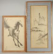 A CHINESE INK PAINTING ON PAPER, depicting a landscape scene, framed and glazed, image 75cm x