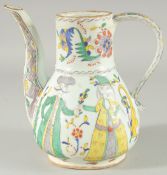 AN OTTOMAN TURKISH GLAZED POTTERY EWER, painted with figures, 20cm high.