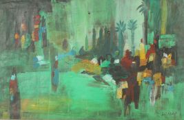 AN OIL ON CANVAS PAINTING DEPICTING AN ABSTRACT LANDSCAPE SCENE, signed Ismail Alsheikhly, Iraq, (