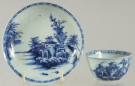 AN 18TH CENTURY NANKING CARGO BLUE AND WHITE PORCELAIN CUP AND SAUCER DISH, with applied