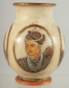 A PAINTED PORTRAIT ALABASTER VASE, 13cm high.