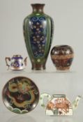 A GROUP OF MIXED CLOISONNE / ENAMEL ITEMS; comprising a vase, a small pot, a cloisonne dish, a