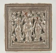AN INDIAN SILVER OVERLAID SQUARE BOX, with hinged lid and relief decoration, 8cm square.
