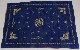 A FINE OTTOMAN GILT METAL THREADED BLUE VELVET TEXTILE, 185cm x 135cm.