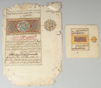 TWO ISLAMIC ILLUMINATED MANUSCRIPT PAGES, the larger with fine gilt highlights, (2).