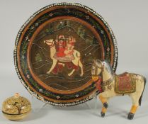 THREE KASHMIRI ITEMS; a papier mache dish, a papier mache lidded box, and lacquered wood figure of a