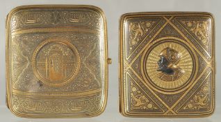 TWO FINE 19TH CENTURY TOLEDO GOLD INLAID CIGARETTE CASES, 9cm x 8cm and 8.5cm x 7.5cm.