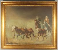 A LARGE OIL ON CANVAS PAINTING DEPICTING ARABIAN HORSE AND RIDERS, signed Faeq Hassan, Iraq (1914-