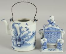A CHINESE BLUE AND WHITE PORCELAIN TEAPOT, together with a modern blue and white porcelain box, (