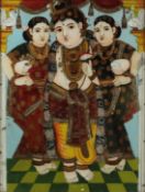 A LARGE 19TH CENTURY SOUTH INDIAN TANJORE REVERSE GLASS PAINTING OF KRISHNA, 68.5cm x 53.5cm.