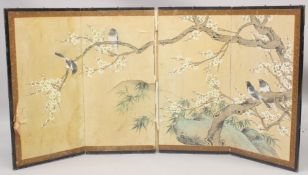 A CHINESE FOUR PANEL SCREEN WITH OVERLAID PAINTING, (in two parts), the painting depicting birds