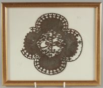 A SAFAVID STEEL OPENWORK PLAQUE, framed and glazed.