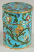 A SMALL CLOISONNE CYLINDRICAL BOX AND COVER.