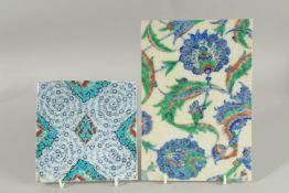 TWO OTTOMAN TURKISH TILES, 23.5cm x 16cm and 15cm square, (2).