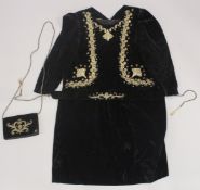 AN OTTOMAN VELVET AND GILT METAL-THREAD EMBROIDERED ROBE, with clutch-bag and belt, (3 pieces).