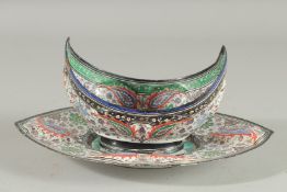 AN INDIAN KASHMIR ENAMEL PAINTED KASHKUL AND TRAY.