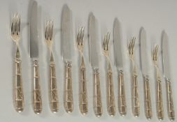 A SET OF SIX CHINESE SILVER KNIVES AND FOLKS, each with bamboo design handles, (12 pieces).