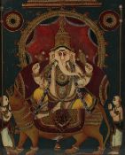 A LARGE 19TH CENTURY SOUTH INDIAN TANJORE REVERSE GLASS PAINTING OF GANESH, 54cm x 44cm.