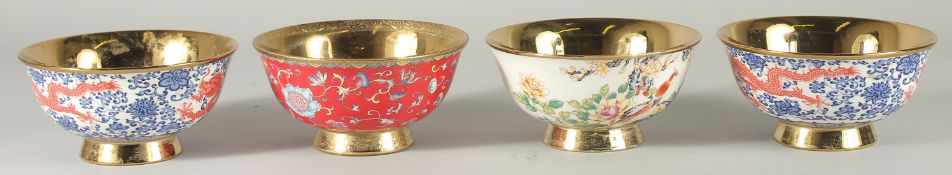 FOUR CHINESE EXPORT GILDED PORCELAIN BOWLS, 15.5cm diameter.