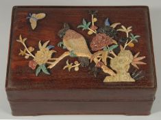 A CHINESE MOTHER OF PEARL AND HARDSTONE MOUNTED ROSEWOOD BOX, the lid decorated with various