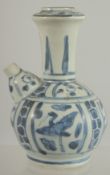 A SMALL 18TH CENTURY NANKING CARGO BLUE AND WHITE PORCELAIN KENDI, with panels of birds, 13.5cm