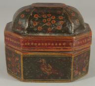 A 19TH CENTURY INDIAN LACQUERED PAPIER-MACHE PANDAN BOX, 14cm x 11cm x 11cm.