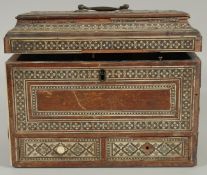 AN 18TH-19TH CENTURY ANGLO INDIAN OR INDO PORTUGUESE BONE INLAID TEA CADDY, (af), 26cm wide.