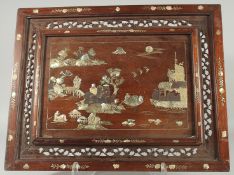 A CHINESE MOTHER OF PEARL INLAID HARDWOOD TRAY, 43.5cm x 55.5cm.