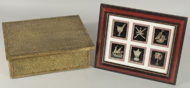 A SPANISH BRASS OVERLAID WOODEN BOX, together with a six framed silver badges, (2).